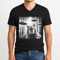 Funny Graphic Novelty Capybara Selfie With Ufo Weird Silly V-Neck T-Shirt