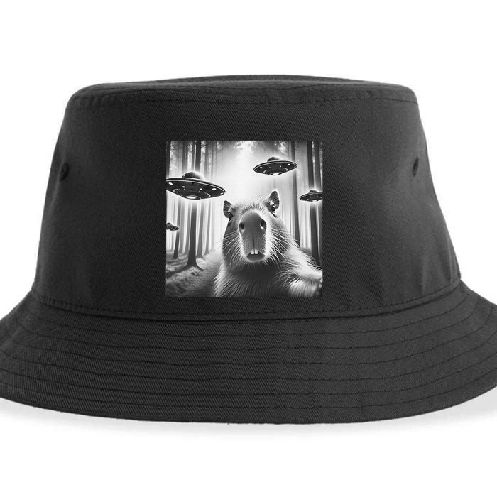 Funny Graphic Novelty Capybara Selfie With Ufo Weird Silly Sustainable Bucket Hat