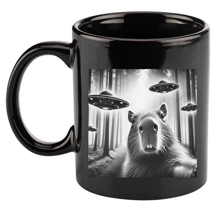 Funny Graphic Novelty Capybara Selfie With Ufo Weird Silly 11oz C Handle Ceramic Mug