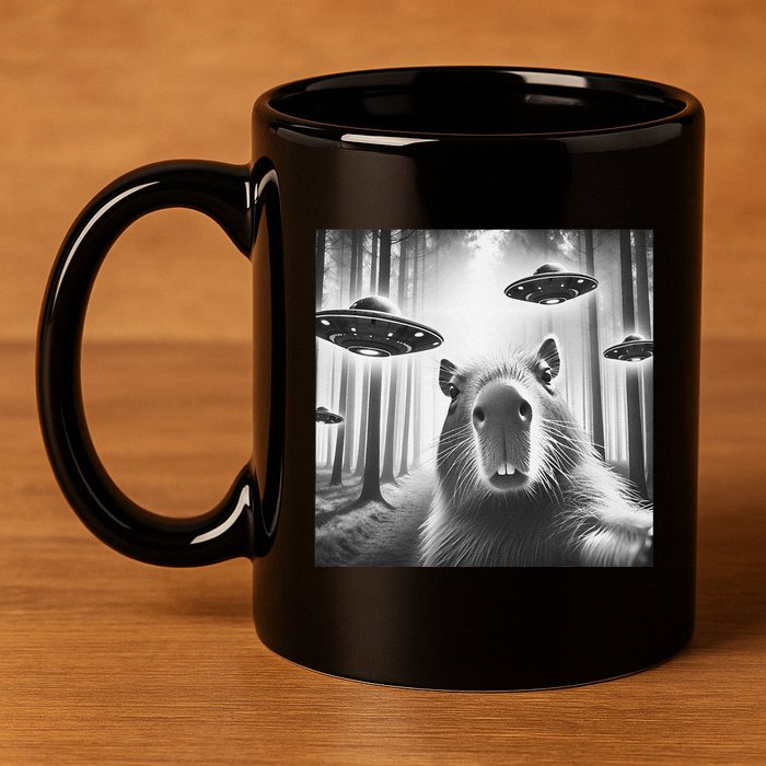 Funny Graphic Novelty Capybara Selfie With Ufo Weird Silly 11oz C Handle Ceramic Mug