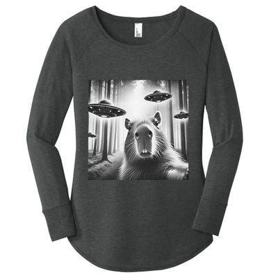 Funny Graphic Novelty Capybara Selfie With Ufo Weird Silly Women's Perfect Tri Tunic Long Sleeve Shirt