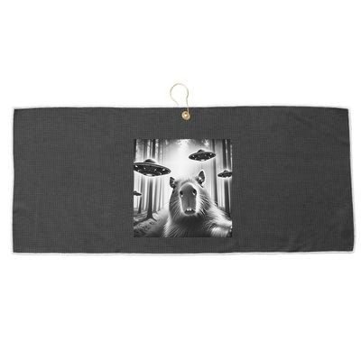 Funny Graphic Novelty Capybara Selfie With Ufo Weird Silly Large Microfiber Waffle Golf Towel