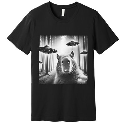 Funny Graphic Novelty Capybara Selfie With Ufo Weird Silly Premium T-Shirt
