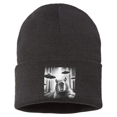 Funny Graphic Novelty Capybara Selfie With Ufo Weird Silly Sustainable Knit Beanie