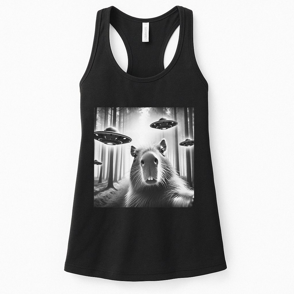 Funny Graphic Novelty Capybara Selfie With Ufo Weird Silly Womens Tank Top