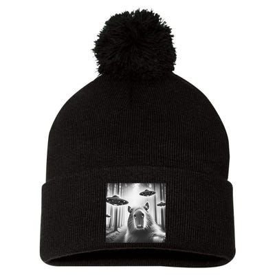 Funny Graphic Novelty Capybara Selfie With Ufo Weird Silly Pom Pom 12in Knit Beanie