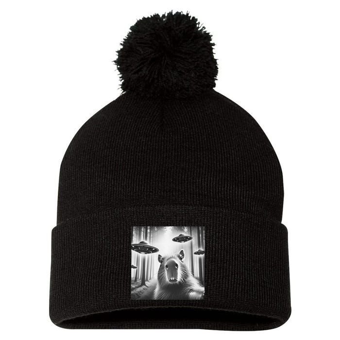 Funny Graphic Novelty Capybara Selfie With Ufo Weird Silly Pom Pom 12in Knit Beanie