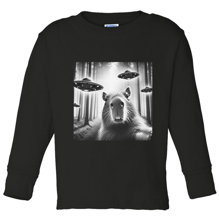 Funny Graphic Novelty Capybara Selfie With Ufo Weird Silly Toddler Long Sleeve Shirt