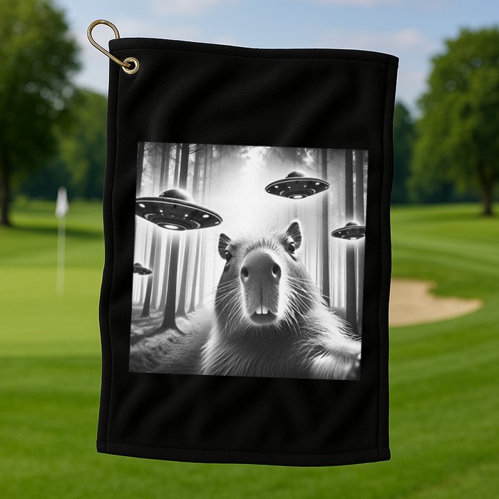 Funny Graphic Novelty Capybara Selfie With Ufo Weird Silly Golf Towel