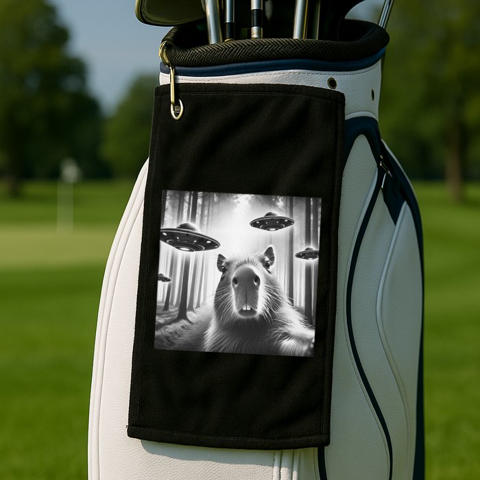 Funny Graphic Novelty Capybara Selfie With Ufo Weird Silly Golf Towel