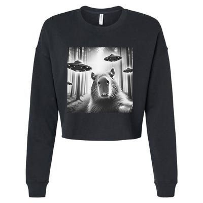 Funny Graphic Novelty Capybara Selfie With Ufo Weird Silly Cropped Pullover Crew