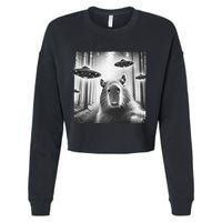Funny Graphic Novelty Capybara Selfie With Ufo Weird Silly Cropped Pullover Crew