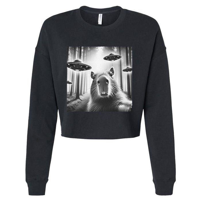Funny Graphic Novelty Capybara Selfie With Ufo Weird Silly Cropped Pullover Crew