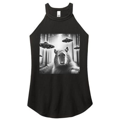 Funny Graphic Novelty Capybara Selfie With Ufo Weird Silly Women's Perfect Tri Rocker Tank