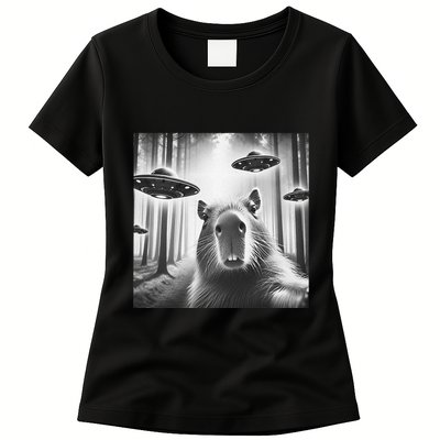Funny Graphic Novelty Capybara Selfie With Ufo Weird Silly Womens T-Shirt
