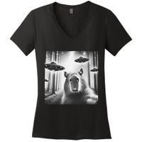 Funny Graphic Novelty Capybara Selfie With Ufo Weird Silly Women's V-Neck T-Shirt