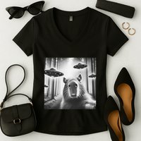 Funny Graphic Novelty Capybara Selfie With Ufo Weird Silly Women's V-Neck T-Shirt