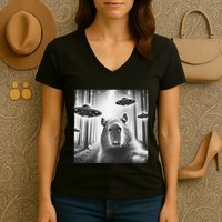 Funny Graphic Novelty Capybara Selfie With Ufo Weird Silly Women's V-Neck T-Shirt