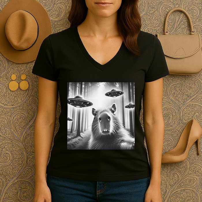 Funny Graphic Novelty Capybara Selfie With Ufo Weird Silly Women's V-Neck T-Shirt