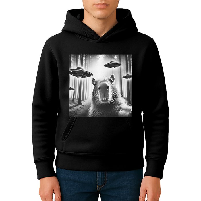 Funny Graphic Novelty Capybara Selfie With Ufo Weird Silly Kids Hoodie