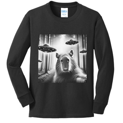 Funny Graphic Novelty Capybara Selfie With Ufo Weird Silly Kids Long Sleeve Shirt