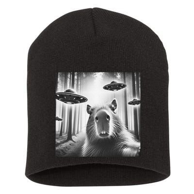 Funny Graphic Novelty Capybara Selfie With Ufo Weird Silly Short Acrylic Beanie