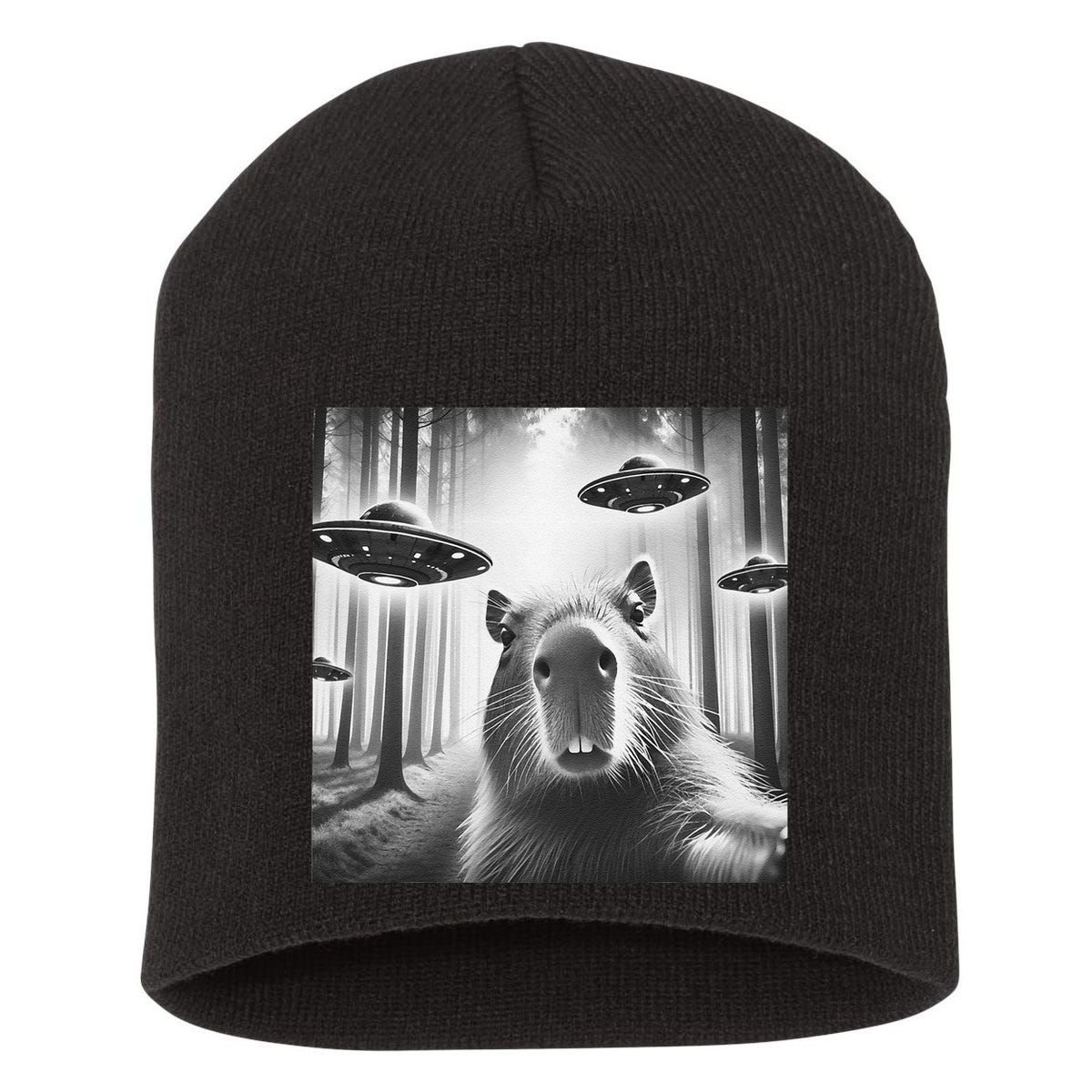 Funny Graphic Novelty Capybara Selfie With Ufo Weird Silly Short Acrylic Beanie