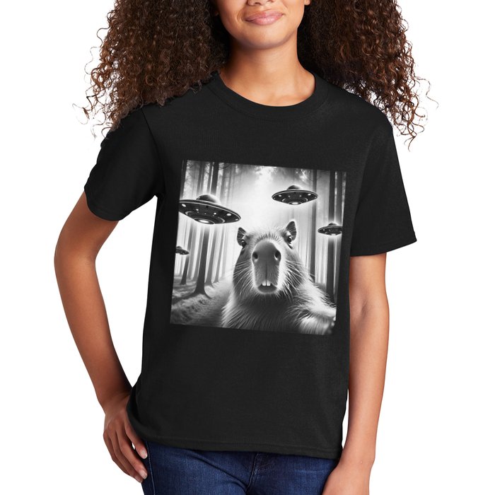 Funny Graphic Novelty Capybara Selfie With Ufo Weird Silly Kids T-Shirt