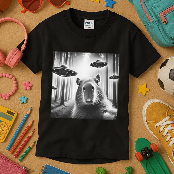 Funny Graphic Novelty Capybara Selfie With Ufo Weird Silly Kids T-Shirt