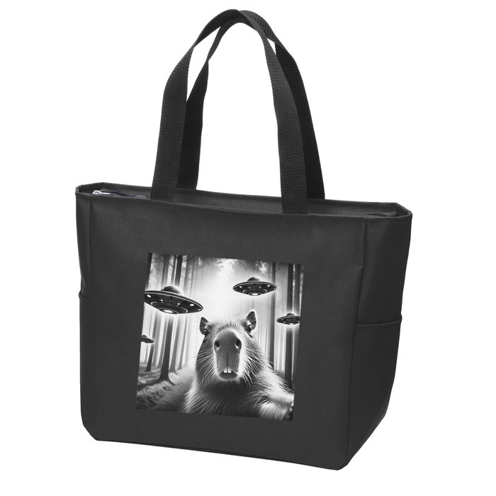 Funny Graphic Novelty Capybara Selfie With Ufo Weird Silly Zip Tote Bag