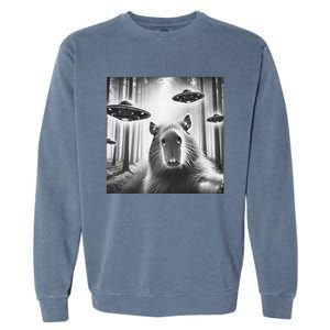 Funny Graphic Novelty Capybara Selfie With Ufo Weird Silly Garment-Dyed Sweatshirt