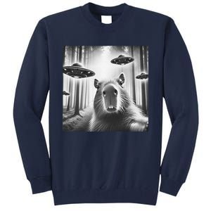 Funny Graphic Novelty Capybara Selfie With Ufo Weird Silly Tall Sweatshirt