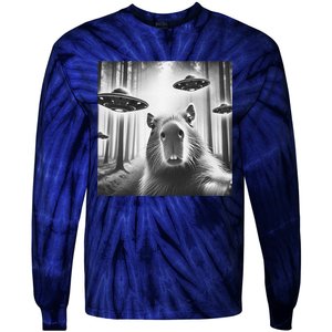 Funny Graphic Novelty Capybara Selfie With Ufo Weird Silly Tie-Dye Long Sleeve Shirt