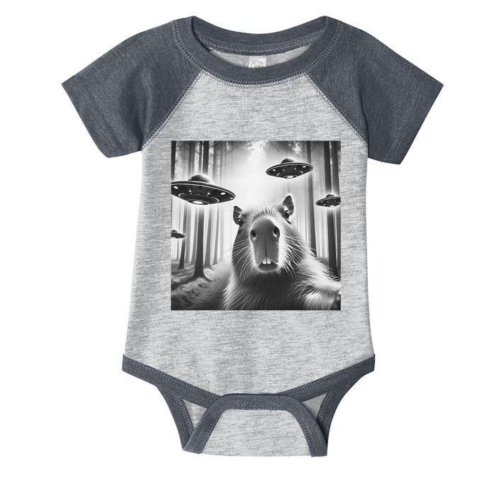 Funny Graphic Novelty Capybara Selfie With Ufo Weird Silly Infant Baby Jersey Bodysuit