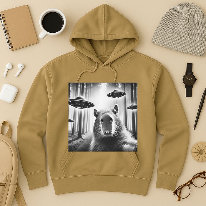 Funny Graphic Novelty Capybara Selfie With Ufo Weird Silly Hoodie
