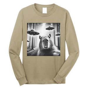 Funny Graphic Novelty Capybara Selfie With Ufo Weird Silly Long Sleeve Shirt