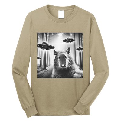 Funny Graphic Novelty Capybara Selfie With Ufo Weird Silly Long Sleeve Shirt