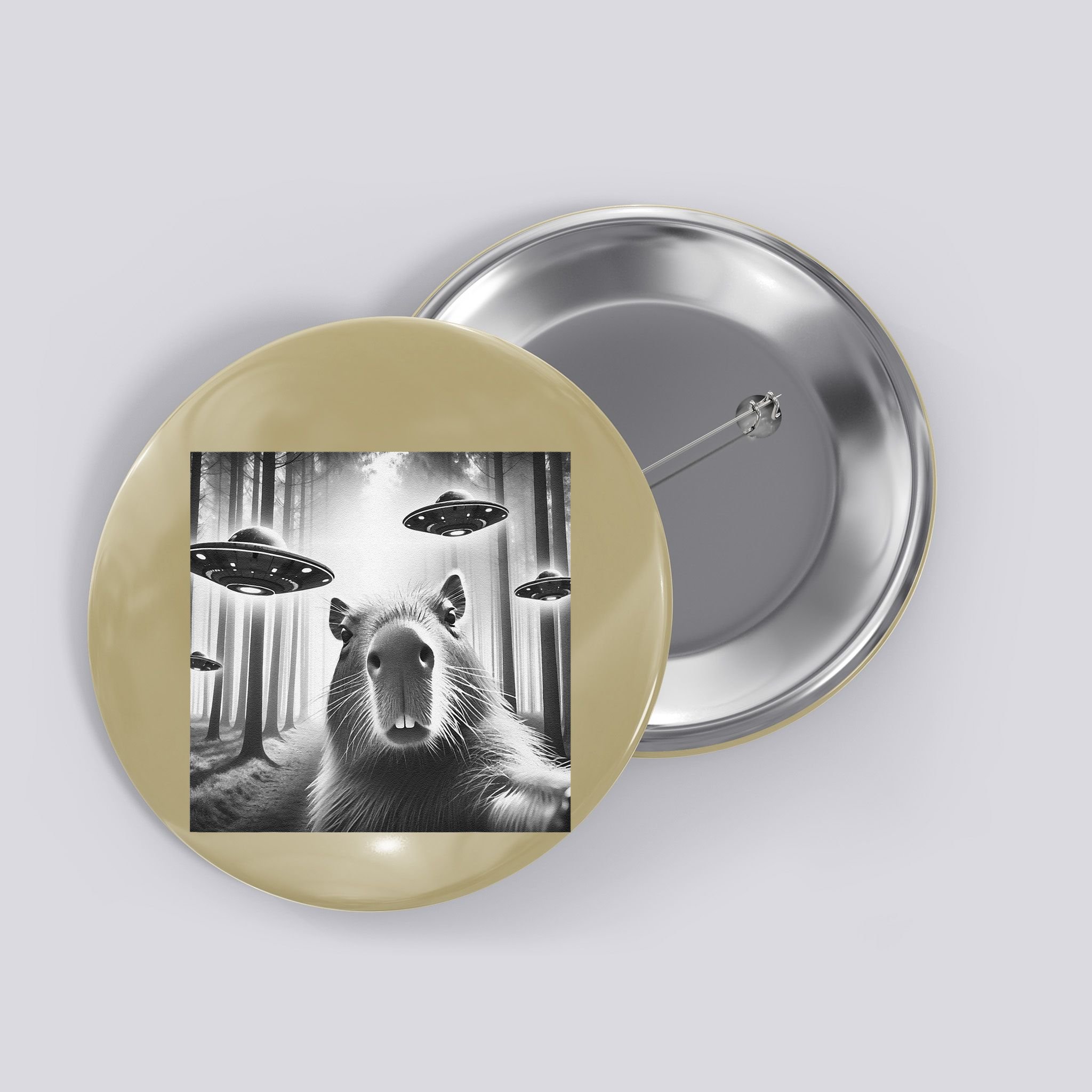 Funny Graphic Novelty Capybara Selfie With Ufo Weird Silly Button