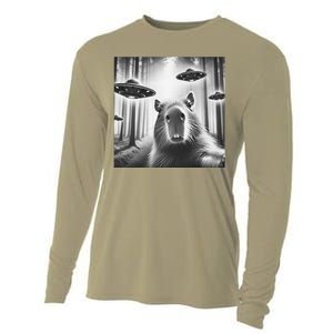 Funny Graphic Novelty Capybara Selfie With Ufo Weird Silly Cooling Performance Long Sleeve Crew