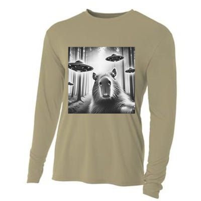 Funny Graphic Novelty Capybara Selfie With Ufo Weird Silly Cooling Performance Long Sleeve Crew