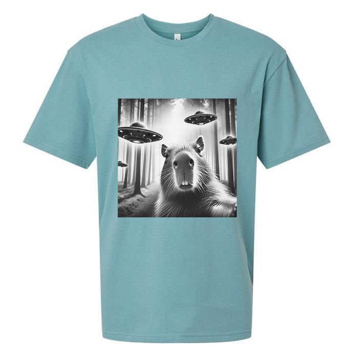 Funny Graphic Novelty Capybara Selfie With Ufo Weird Silly Sueded Cloud Jersey T-Shirt