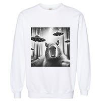 Funny Graphic Novelty Capybara Selfie With Ufo Weird Silly Garment-Dyed Sweatshirt
