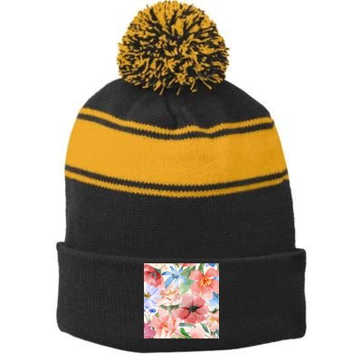 Flower Garden Nature Pattern Stripe Pom Pom Beanie