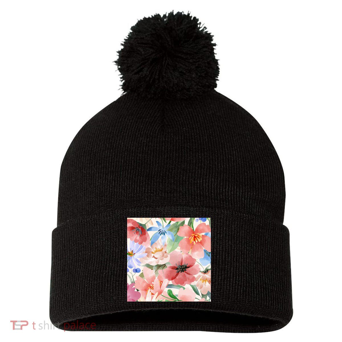 Flower Garden Nature Pattern Pom Pom 12in Knit Beanie