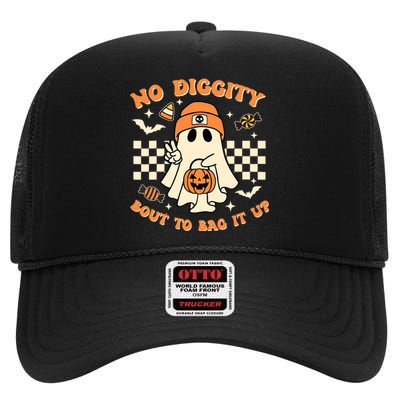 Funny Ghost No Diggity Bout To Bag It Up Spooky Halloween High Crown Mesh Back Trucker Hat