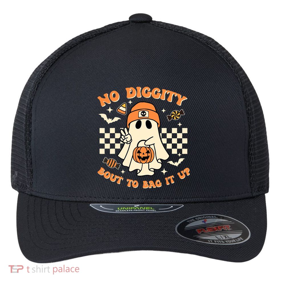 Funny Ghost No Diggity Bout To Bag It Up Spooky Halloween Flexfit Unipanel Trucker Cap