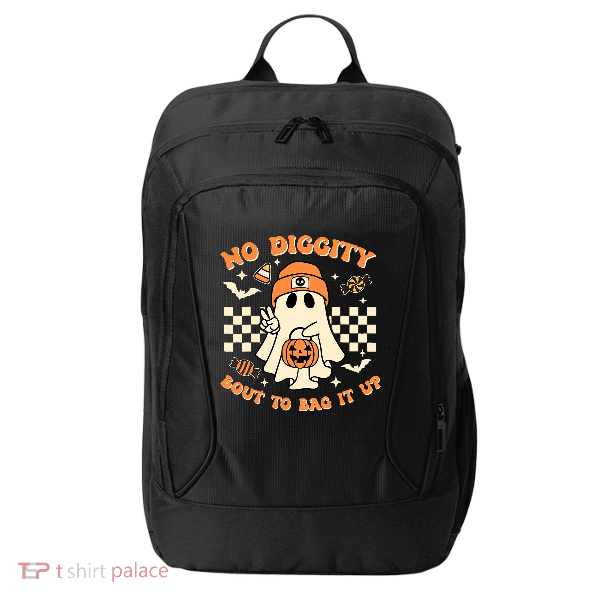 Funny Ghost No Diggity Bout To Bag It Up Spooky Halloween City Backpack