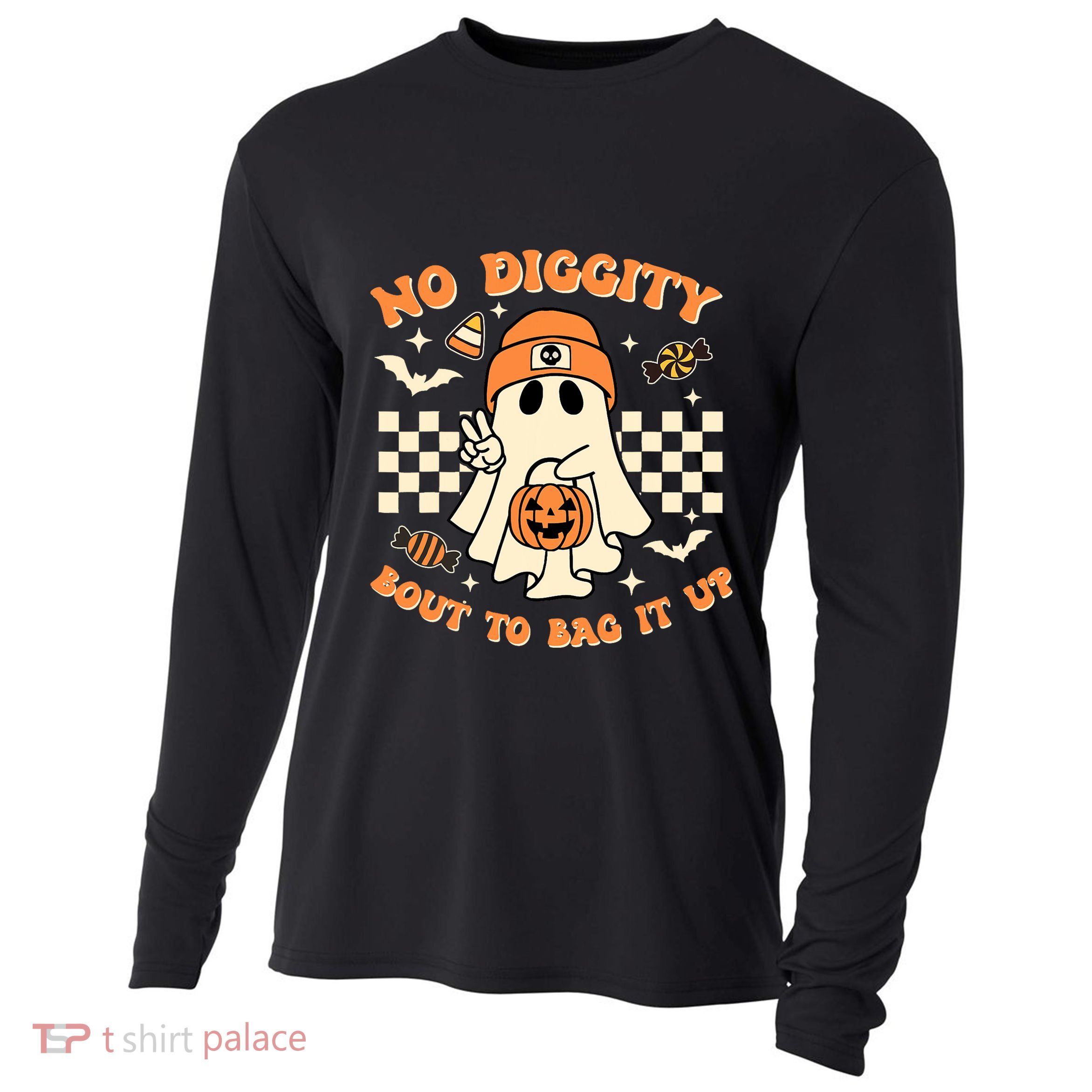 Funny Ghost No Diggity Bout To Bag It Up Spooky Halloween Cooling Performance Long Sleeve Crew