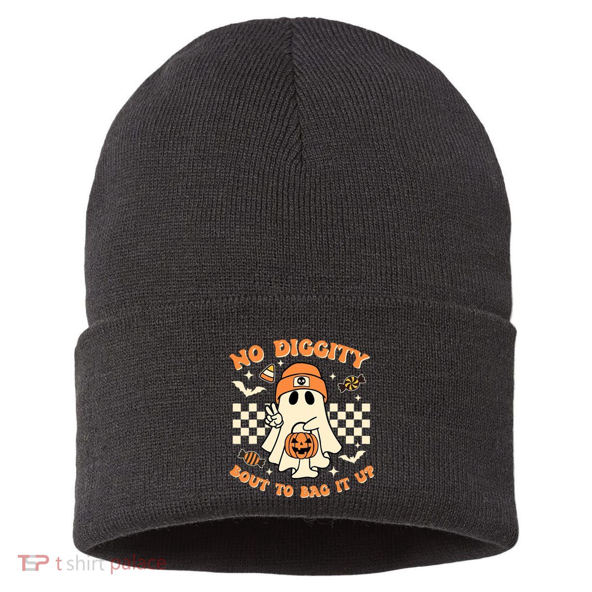 Funny Ghost No Diggity Bout To Bag It Up Spooky Halloween Sustainable Knit Beanie