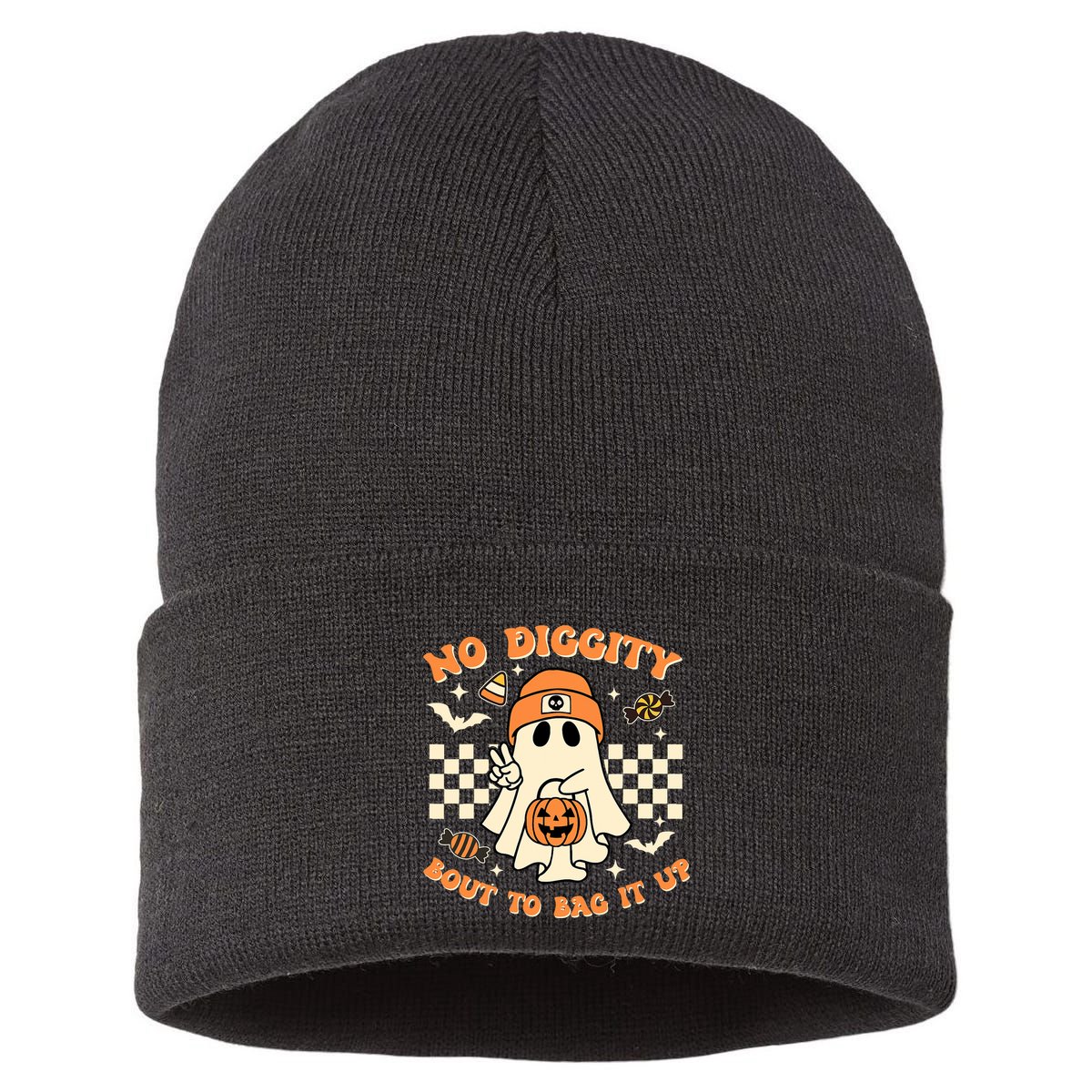 Funny Ghost No Diggity Bout To Bag It Up Spooky Halloween Sustainable Knit Beanie